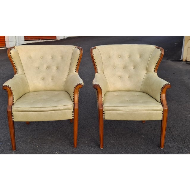 Pair Mid 20th Century Mahogany and Tufted Vinyl Upholstered Wingback Chairs For Sale In Washington DC - Image 6 of 14