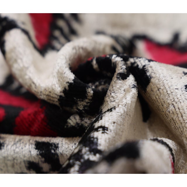 Textile Hand-Knotted Silk Velvet "Evil Eye" Ikat Lumbar Pillow - 16x24 Red & Beige For Sale - Image 7 of 8