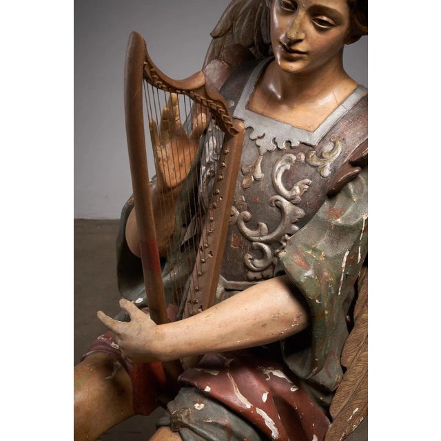 Antique Hand-Painted Wooden Angel and Harp Sculpture For Sale - Image 6 of 11