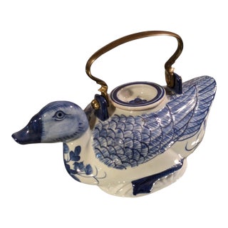 Detailed Brass Handled Porcelain Duck Teapot, Hand Painted Blue and White Porcelain For Sale