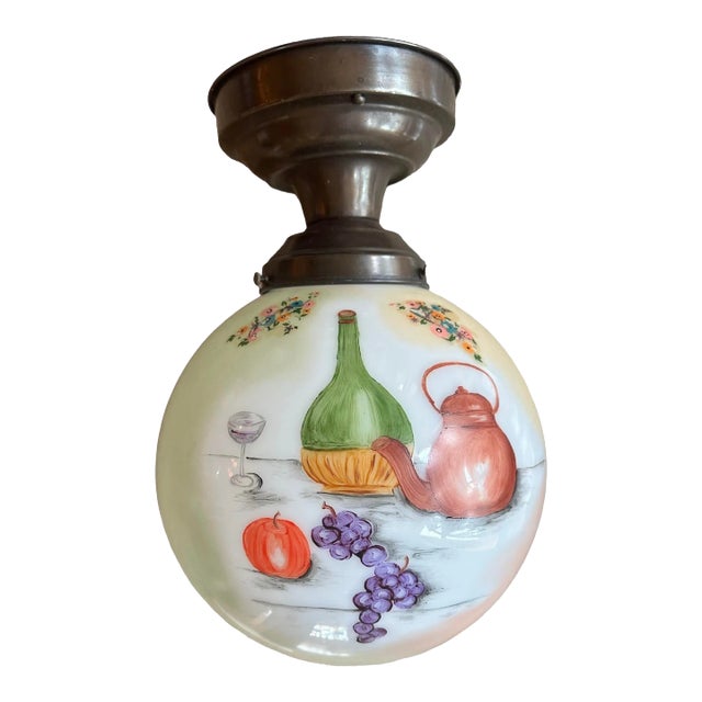 Hand Painted Shade Flush Mount Fixture, Circa 1930 For Sale