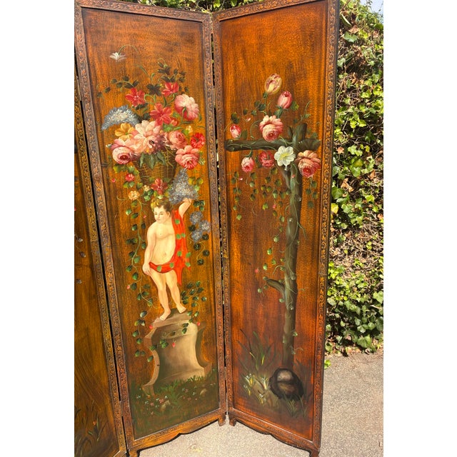 19th Century Antique Rococo French Three-Fold Hand-Painted Wood Romantic Cherub and Floral Room Divider, 1890s For Sale - Image 5 of 18