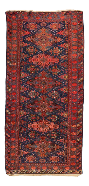 1940s Red and Navy Blue Geometric Tribal Caucasian Soumak Rug