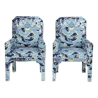 1980s Pair MCM CasaBique Ming Armchairs in Thibaut “Imperial Dragon” For Sale