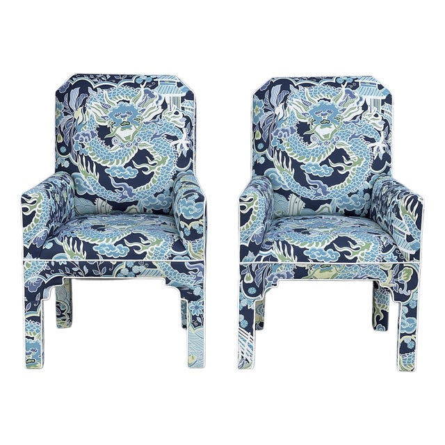 1980s Pair MCM CasaBique Ming Armchairs in Thibaut “Imperial Dragon” For Sale