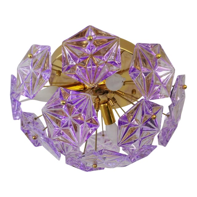 Vintage Prismatic Sputnik Chandelier Mid-Century Modern Sputnik Flush Mount Purple Diamond-Cut Glass Lighting For Sale
