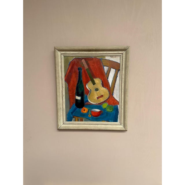 1940s Rn, Still Life with Guitar and Wine Bottle, 1949, Oil Painting on Canvas, Framed For Sale - Image 5 of 18