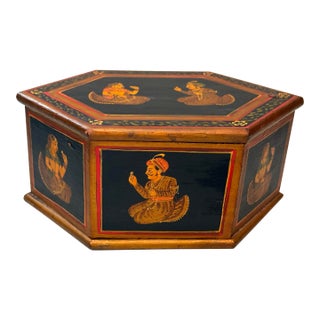 Vintage Hexagonal Hand Painted Wooden Indian Box Hidden Compartments For Sale