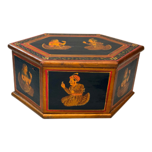 Vintage Hexagonal Hand Painted Wooden Indian Box Hidden Compartments