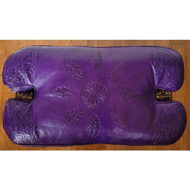 Handcrafted Moroccan Camel Saddle, Genuine Leather Cushion Stool / Purple For Sale - Image 4 of 10