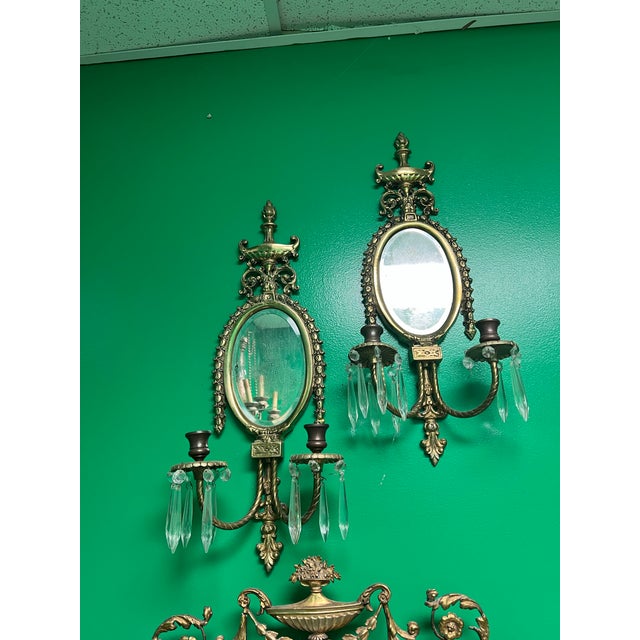 French Pair of Vintage Brass and Crystal French Mirrored Candle Wall Sconces For Sale - Image 3 of 5