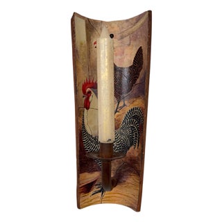 Hand Painted Chicken & Rooster French Country Terra Cotta and Iron Wall Candleholder Sconce For Sale