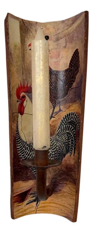 Hand Painted Chicken & Rooster French Country Terra Cotta and Iron Wall Candleholder Sconce