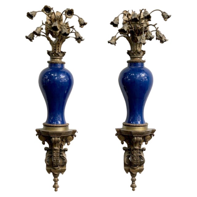 Pair Monumental French Ormolu Kangxi Powder Blue Wall Lights, Waldorf Astoria For Sale - Image 4 of 18