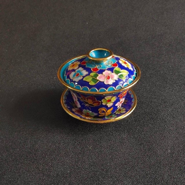 Mid 20th Century Vintage Chinese Cobalt Blue Cloisonné Enamel Floral "Three-Piece" Tea Bowl Set For Sale - Image 5 of 6