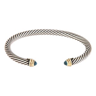 Mid 20th Century David Yurman Blue Topaz Sterling Silver 14k Gold 5mm Cable Cuff Bracelet For Sale