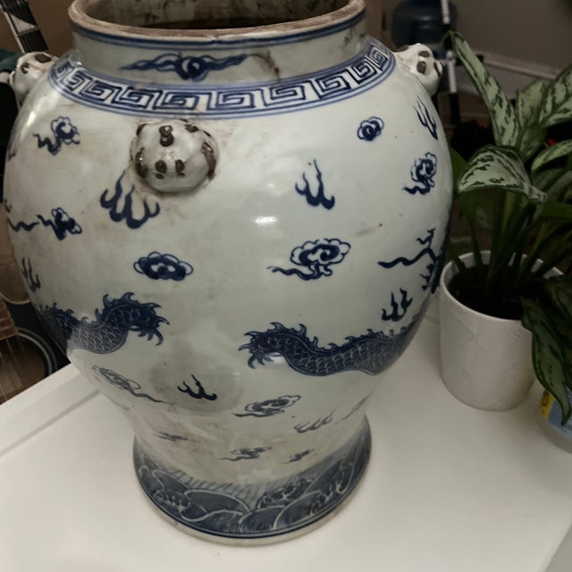 Blue Large Blue & White Porcelain Dragon Temple Jar With Foo Dog Lid For Sale - Image 8 of 12