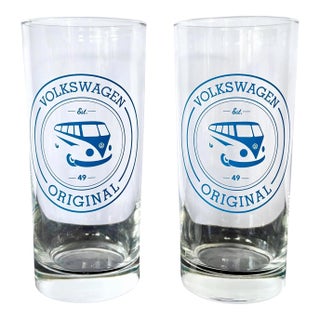 Vintage Volkswagen Bus Drinking Glasses | Set of 2 | Volkswagen Original Ets 49 | Blue Vw Transporter Design | 6"| Rare Retro Barware For Sale