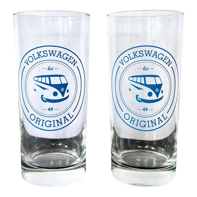 Vintage Volkswagen Bus Drinking Glasses | Set of 2 | Volkswagen Original Ets 49 | Blue Vw Transporter Design | 6"| Rare Retro Barware For Sale