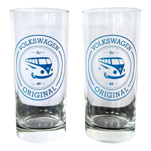 Vintage Volkswagen Bus Drinking Glasses | Set of 2 | Volkswagen Original Ets 49 | Blue Vw Transporter Design | 6"| Rare Retro Barware