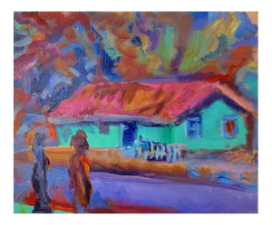 The Green House, Figurative Oil on Linen, Rich Bold Colors, Impressionist Style, 2012