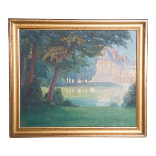 Late 19th Century Framed Napoleon III Era Oil on Canvas Painting of French Chateau Landscape For Sale