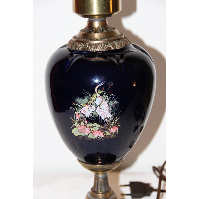 1950s Cobalt Blue Ceramic and Brass Buffet Lamps with Satin Glass Shades, 1960s, Set of 2 For Sale - Image 5 of 12