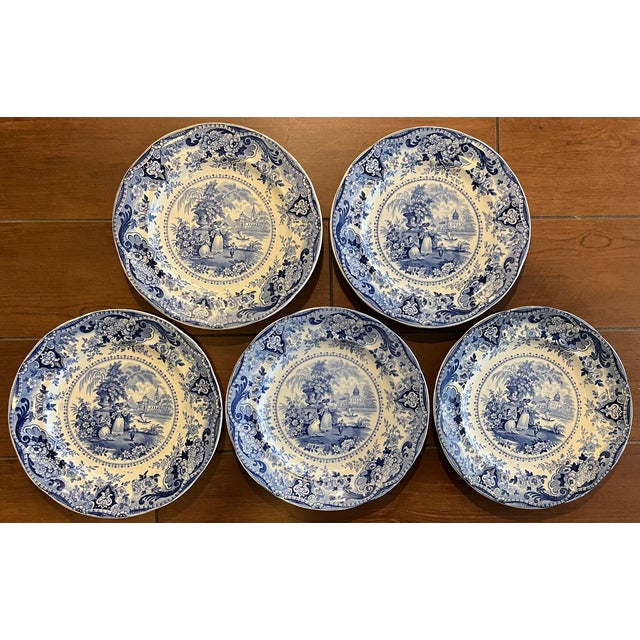 Antique 19th Century English Regency Staffordshire Blue Transferware Dinner Plates - Italian Buildings by Ralph Hall Circa 1825 - Set of 5 For Sale - Image 17 of 17