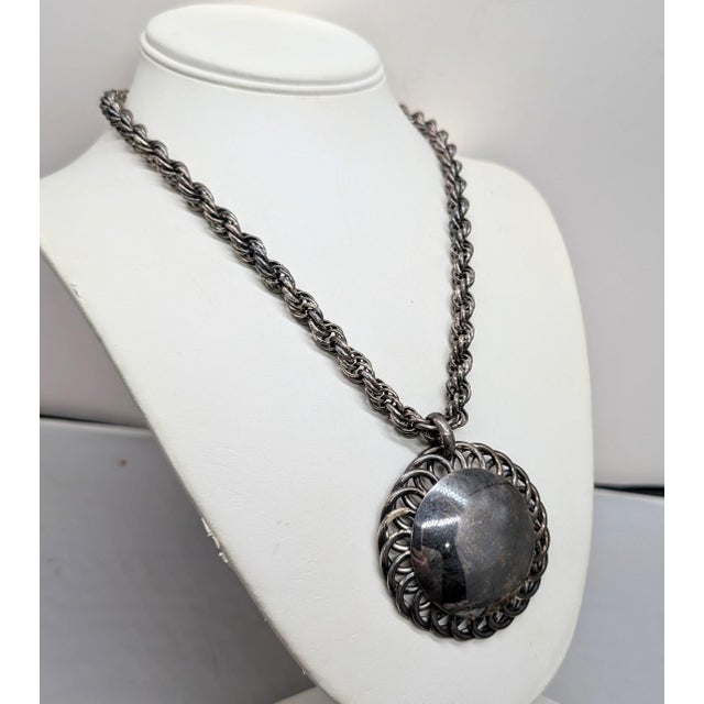 Napier Vintage 1950s Signed Napier Silvertone Round Pendant Necklace For Sale - Image 4 of 8