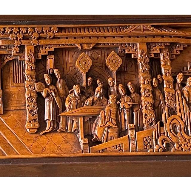 Mid 20th Century Monumental Hand-Carved Asian Narrative Coffee Table With Pagodas, Figures & Original Glass Top For Sale - Image 11 of 11