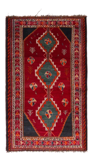 Antique Gabbeh Geometric Red and Blue Wool Persian Rug