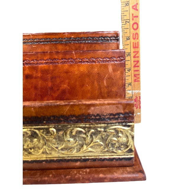 Vintage Italian Wood Wrapped Leather Letter & Document Holder With Embossed Gold Detailing For Sale - Image 9 of 9
