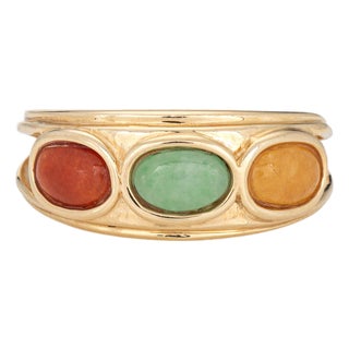 Vintage Three Stone Colored Jade Ring Sz 6.5 Band 14k Gold Stacking Jewelry For Sale