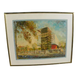 1978 Mid Century Modern Architecture Painting, Urban Setting, Signed Jan Bazanowski