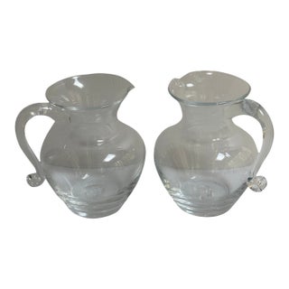 1980s Signed Simon Pierce Shelburne Clear Hand-Blown Glass Pitcher With Handle and Pour Spout 6.6" Tall Set of Two(2) For Sale