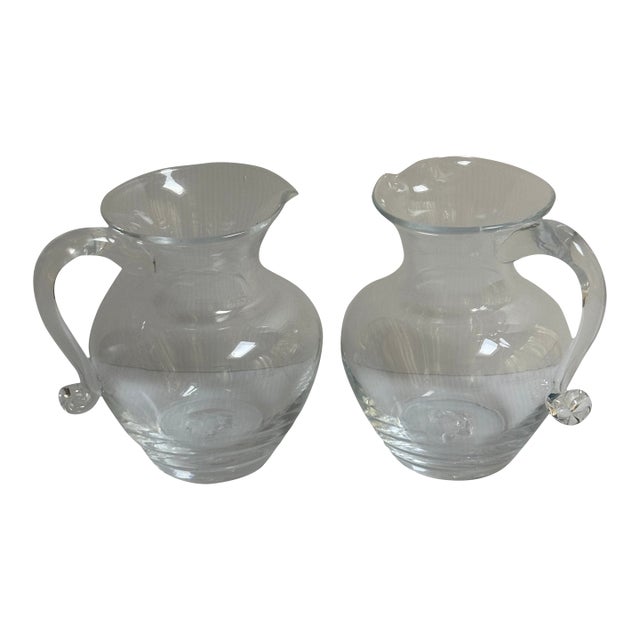 1980s Signed Simon Pierce Shelburne Clear Hand-Blown Glass Pitcher With Handle and Pour Spout 6.6" Tall Set of Two(2) For Sale