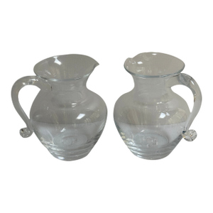 1980s Signed Simon Pierce Shelburne Clear Hand-Blown Glass Pitcher With Handle and Pour Spout 6.6" Tall Set of Two(2)