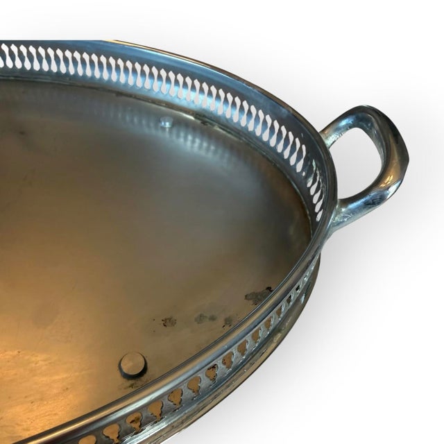 Vintage Silver-Tone Oval Pierced Gallery Tray With Handles and Feet For Sale - Image 10 of 11
