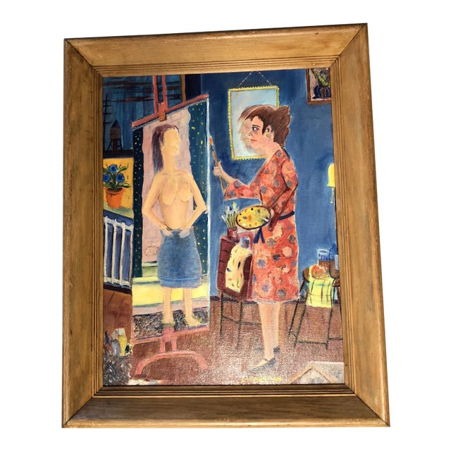 Vintage Original Modernist Nude Interior Artist Painting For Sale