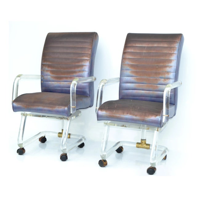 Mid-Century Modern Lion in Frost Pair Lucite & Brass Dining Chairs in Vinyl Upholstery 1975 For Sale - Image 3 of 13