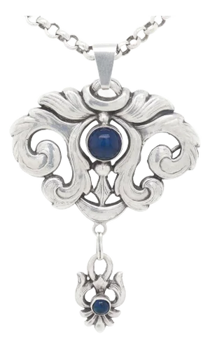 Scandinavian Art Nouveau Silver & Lapis Pendant Necklace