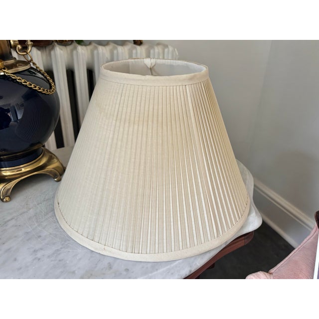 Ceramic 1950s Brass and Indigo Blue Porcelain Lamp With Shade For Sale - Image 7 of 10