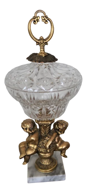 Hollywood Regency Cut Glass Gold Pedestal Covered Compote Cherub Marble Putti Centerpiece Hollywood Regency Glam