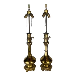 1950s Pair of Hollywood Regency Brass Lamps For Sale