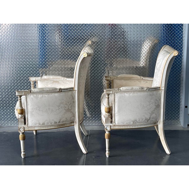 Campaign Judith Norman French Neoclassical Bergere Armchairs in Damask Fabric, a Pair, Gilt, Design Center of America For Sale - Image 3 of 12