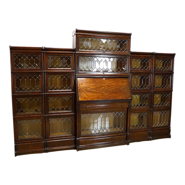 Early 20th Century Rare Macey Sectional Bookcase made in Tiger Oak w/ Leaded Glass Doors. For Sale