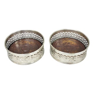 Vintage English Victorian Wood & Silver Plated Bar Wine Bottle Coaster - A Pair For Sale