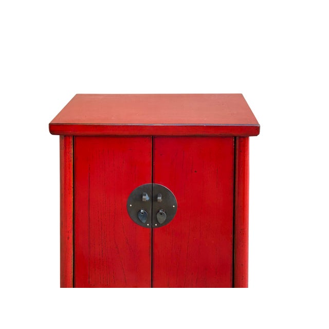 Oriental Distressed Red Medallion Hardware End Table Nightstand For Sale - Image 9 of 10