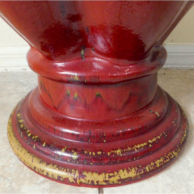 Large 25" Ornate Bombay Red Stoneware Figural Lion Handle Urn Vase For Sale - Image 10 of 17
