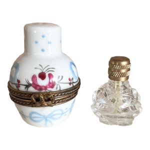 Hand-Painted Limoges Perfume Box With Original Glass Vial — Double Gourd Shape, Bow Clasp